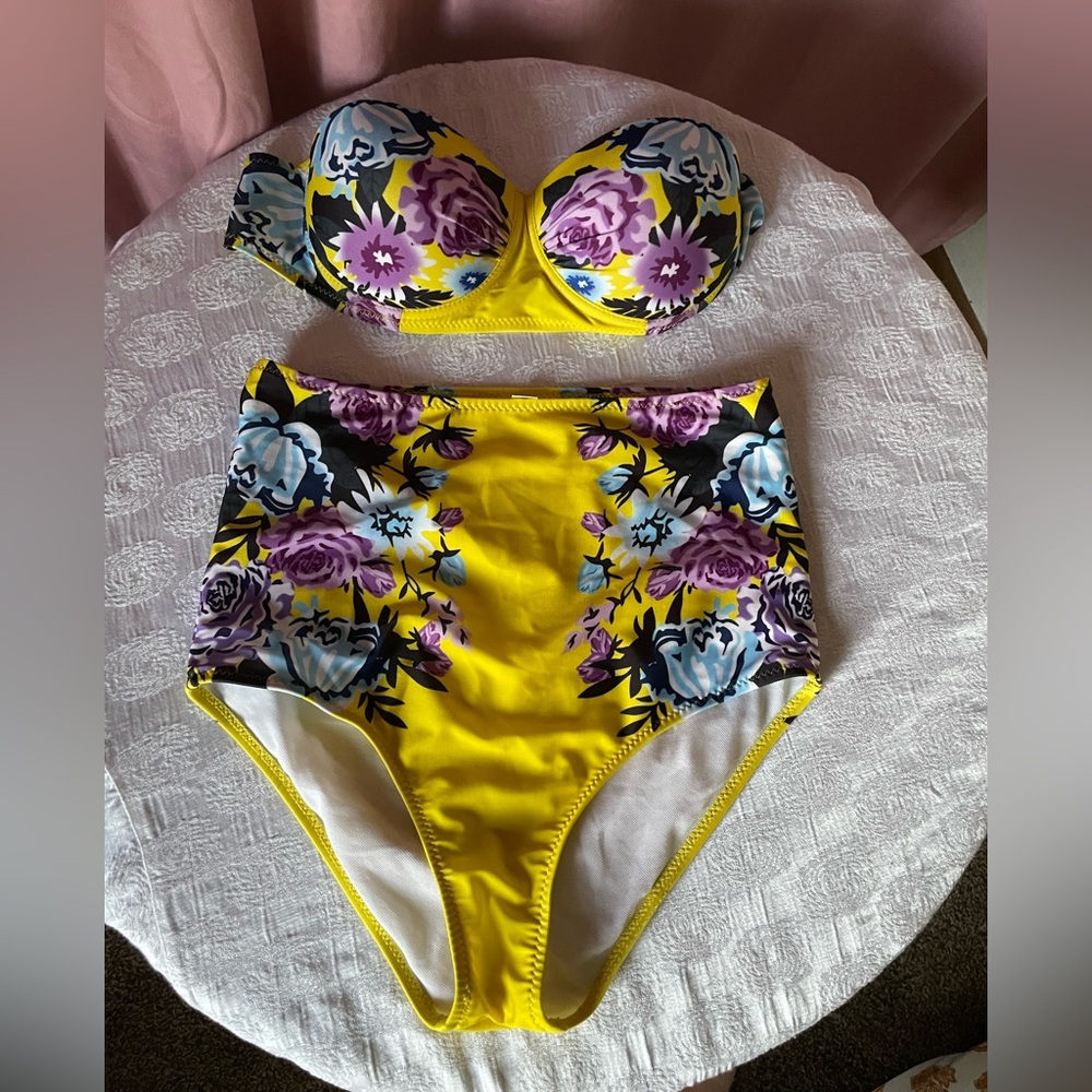 Floral Yellow High-Waisted Bikini Set